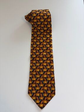 Ermenegildo Zegna Men's 100% Silk Tie 4" Gold Black Geometric Pattern Italy